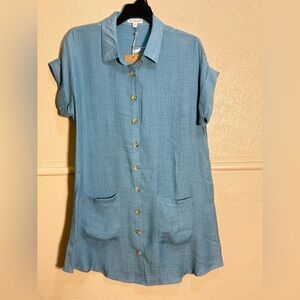Blu Pepper Button Down Shirt Dress Blue Crinkle Fabric Coverup Pockets Medium